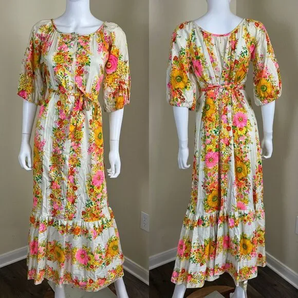 Vintage Miss Elaine Women Size S Floral Ruffle Maxi Dress 70s Retro Boho Peasant - Picture 4 of 17